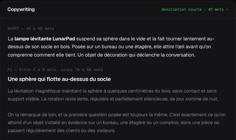 Texte d'une fiche préparée par Argos : description courte, puis blocs titrés, chacun avec sa longueur cible.